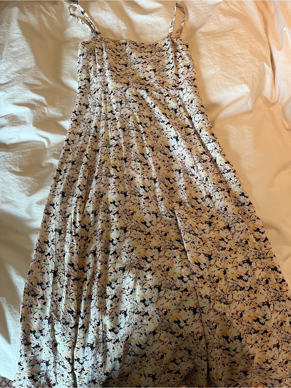 Zara Cream Floral Spaghetti-Strap Maxi Dress with Black and Pink Accents